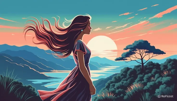 A retro illustration with a moody atmosphere of In a beautiful natural landscape at sunset, you can see the silhouette of a long-haired woman standing in the distance, her hair and skirt fluttering in the wind, Ref0.35