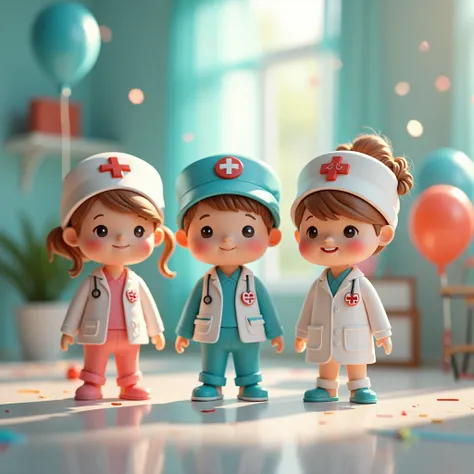 "Happy New Year 2025" text with balloon and some poper , cute doctors and nurses dolls standing , The mood of healthcare images, good lighting, detailed, sharp focus, 8k, HD, high quality, masterpiece,