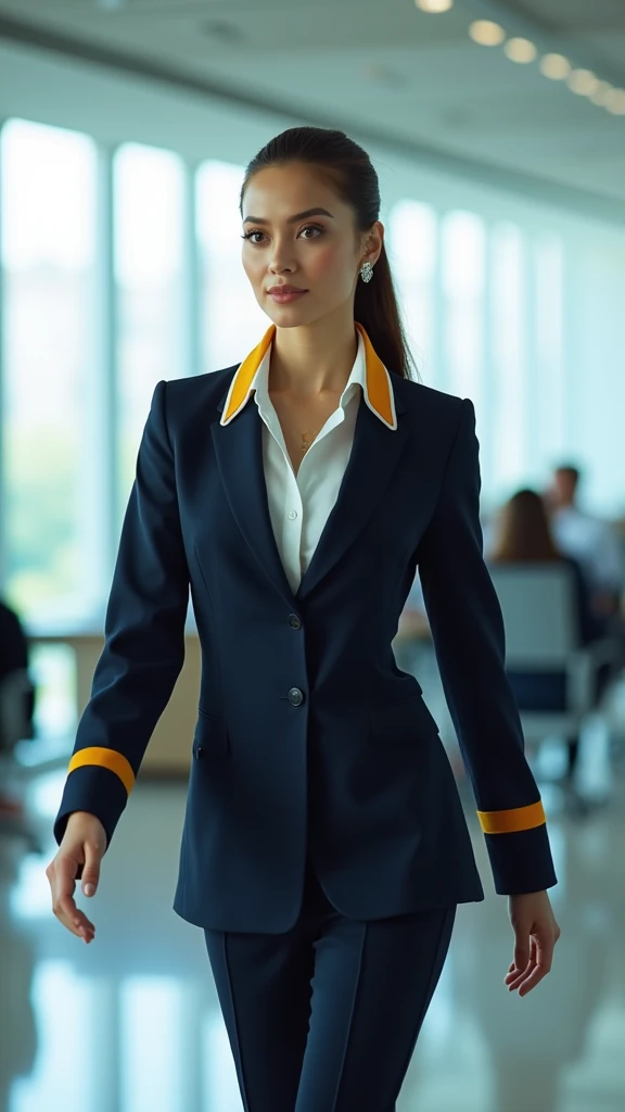 A beautiful flight attendant dressed in a uniform of dark blue and white with a yellow stripe on her neck scarf, with a ponytail hairstyle, with light straight long hair, makeup and earrings, in natural light, with a natural view, walking through a large b...