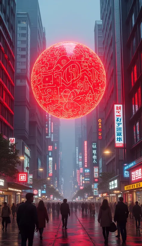 A asian city street, a futuristic red neon sphere floating above the ground, intricate, 8k