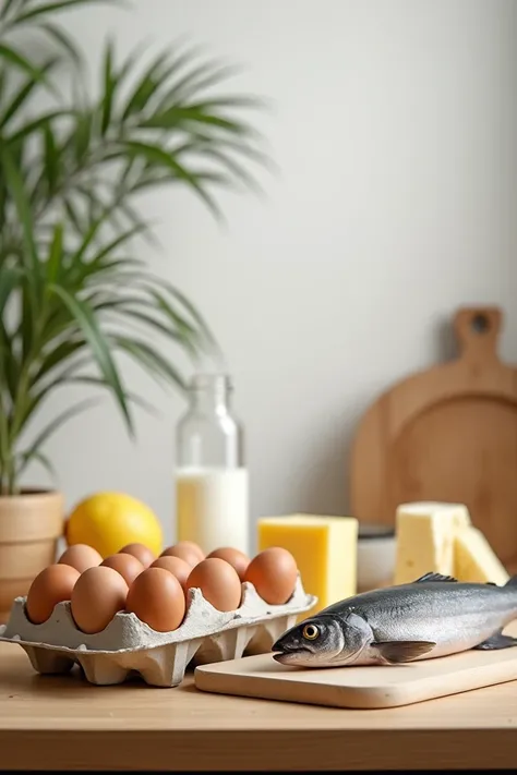 Eggs fish and dairy in the kitchen table