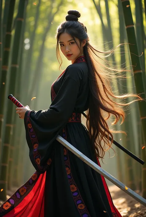 A Chinese woman stands amidst a serene bamboo forest, her flowing black warrior costume with vibrant red seams and purple patterns dramatically accentuating her figure as she poses with a Chinese sword. Her long, luxurious hair flows gently in the breeze, ...