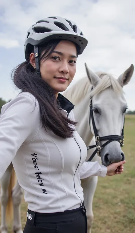  A cute smiling selfie from a first-person perspective . 36 years old,   CEO of a Singaporean listed company  , ，Round Face， with straight black chest hair tied into a ponytail .   wearing a long-sleeved cycling suit from a high-end fashion brand . Wearing...