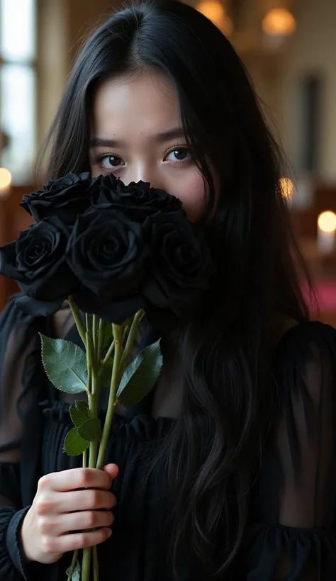 photograph、 portrait、 blue eyes、Im hiding the right half of my face with a bouquet of black roses 、18 years old、Big, round eyes、 covering her mouth with a bouquet of black roses。 high definition 、 real、Long black hair、 frill shirt 、 Gothic Dress、 The backg...