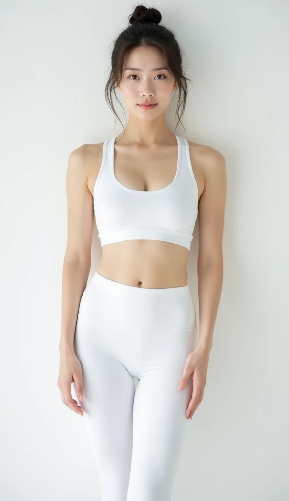 1girl, body type pear,asian look, wear white tight long yoga outfit, front view, white background, potrait photo