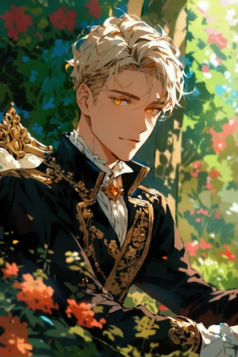 A handsome duke with short blond hair, golden eyes. Sitting in the garden