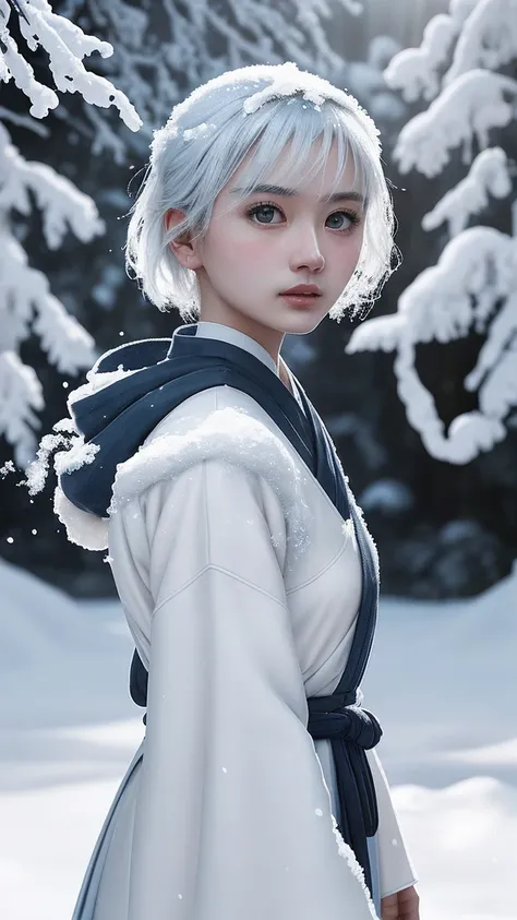 Portrait、Snow Woman、 stand sideways in the snow 、 long light blue or white hair fluttering in the wind、Wear white Hanfu 、 let the hem of your clothes flutter in the wind 、 like a spirit in the snow world 。 mood colors are white and light blue 。 Realistic S...