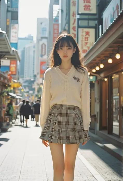 film, Soft, photography, atmosphere, full body,Portrait, Cute Japanese Women,Age 25 years,Bangs, japanese schoolgirl,ชุด japanese schoolgirl,Extra short skirt,stand,(( slender beautiful legs )),Shopping area,Shibuya , natural light, morning light , cute gi...