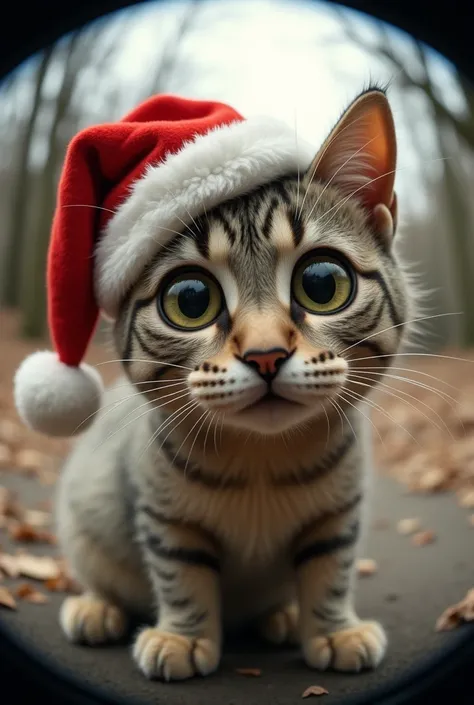 Muppet cat wearing a Christmas hat，Fisheye lens effect，Reality，Realism