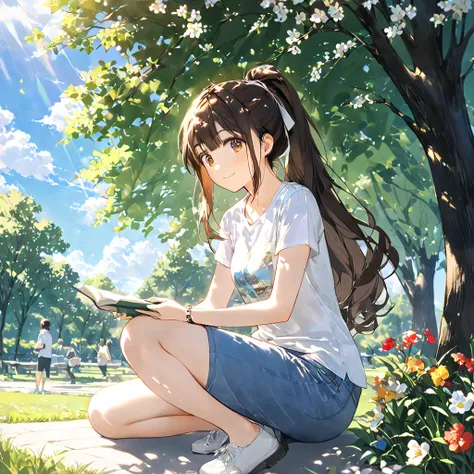  One girl sits on a park bench and 、 and is calm reading the book A scene of everyday life 。The girl、 ties her long brown hair into a ponytail 、 wearing a casual white T-shirt and denim shorts。 and her expression looks enthralled 、Smiling gently。The pose i...