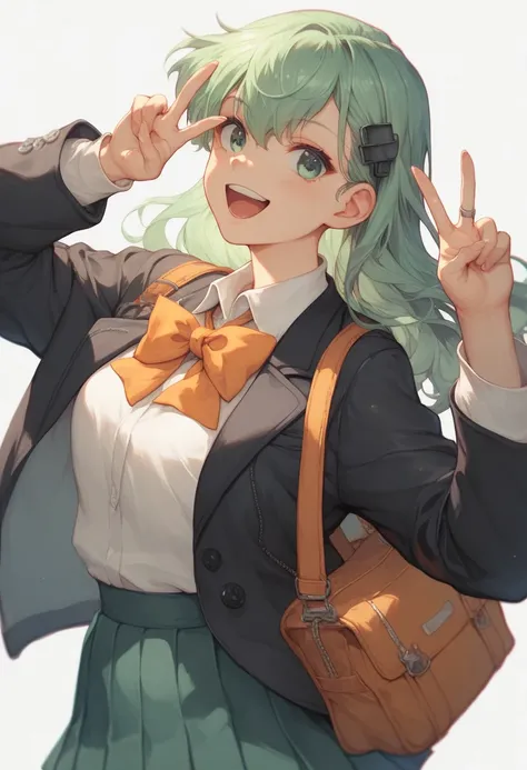  Kantai Collections Suzuya 　Kane no Suzuya 　Long green hair　 has an orange bow around her neck 　uniform　 is wearing a black pleated skirt 　 wearing a black blazer over a light brown sweater　 green eyes　 shoulder bags　From the side　Making a peace sign　 cute...