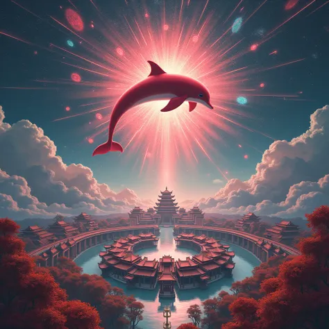 red dolphin flying high in the sky, universe, matrix, shiki fuujin, chinese old town in round shape like anime big fish begonia, view from above high sky