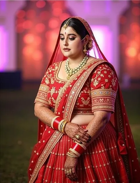 A hyper-realistic, ultra-HD (12k) cinematic graphic poster featuring a chubby Indian girl, around 20 years old, wearing a lavish traditional bridal lehenga in deep red and gold, adorned with intricate embroidery, sequins, and rich embellishments. Her jewel...