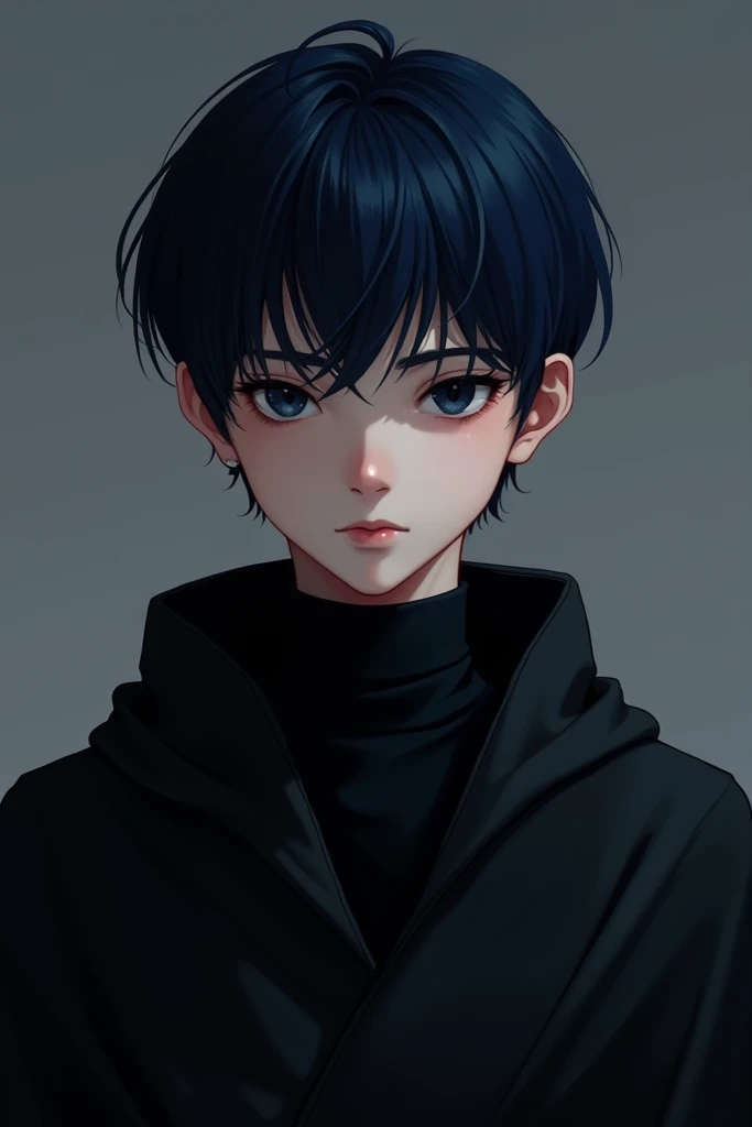 Dark blue haired boy with black eyes  ,  red brown eyes wearing a black turtleneck robe