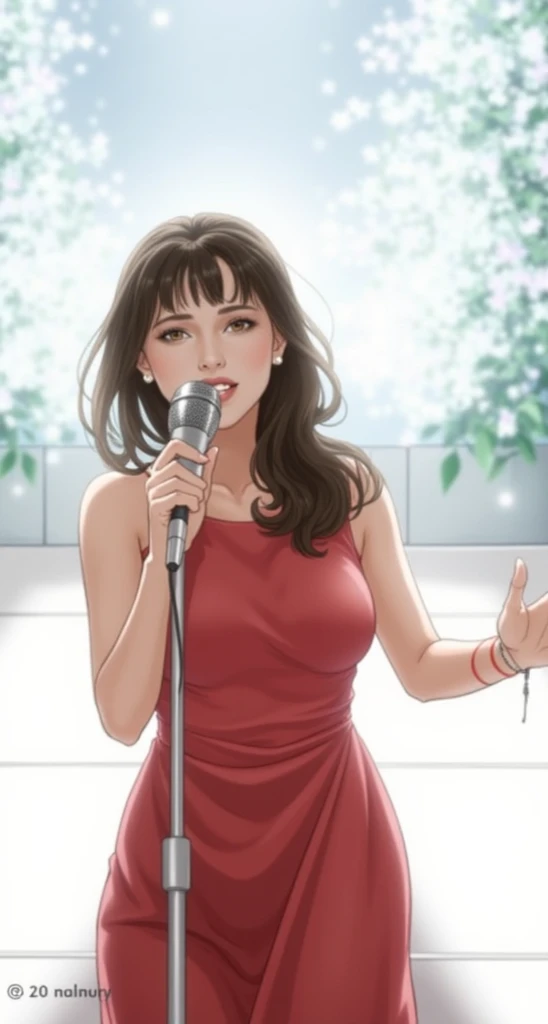 Singer woman with.hold the silver mic.dark brown hair. feminine dress.no bangs