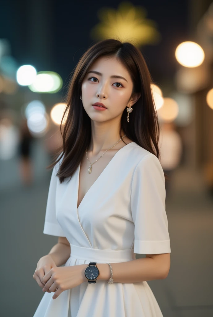 ((Realistic lighting, top quality, 8K, Masterpiece: 1.3)), Focus: 1.2, 1 girl, Perfect figure: 1.4, Slim abs: 1.1, (Dark brown hair)), White dress, (White dress: 1.4), (Outdoor, Night: 1.1), City street, Ultra fine face, Narrow eyes, Double eyelids, Neckla...