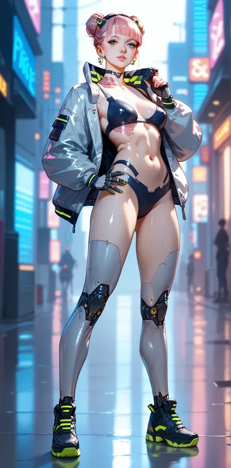 high quality detailed image cyberpunk city of the future Full length cyborg girl posing for the camera