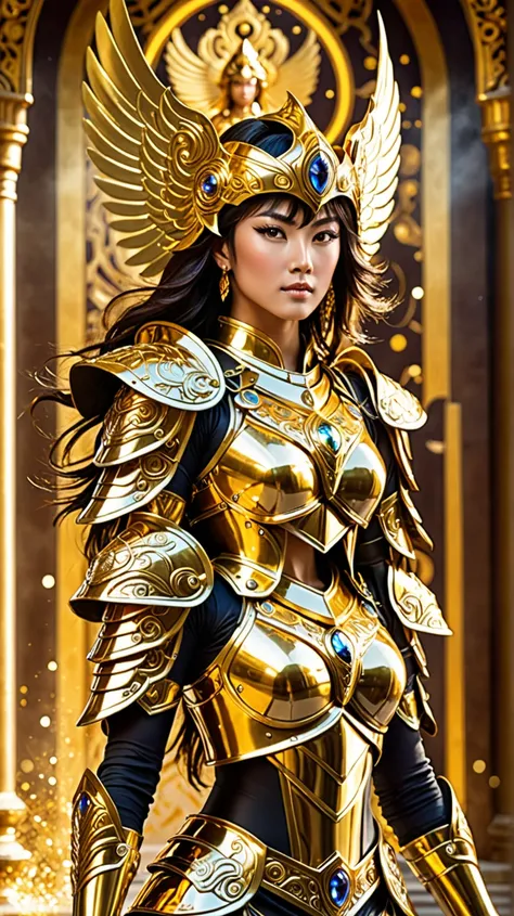 "Create an image of a strong and elegant female warrior wearing a golden armor inspired by Saint Seiyas Gold Cloth. The armor is intricately designed with ornate patterns and celestial motifs, including large shoulder plates, a glowing centerpiece on the c...