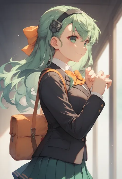  Kantai Collections Suzuya 　Kane no Suzuya 　Long green hair　 has an orange bow around her neck 　uniform　 is wearing a black pleated skirt 　 wearing a black blazer over a light brown sweater　 green eyes　 shoulder bags　From the side　 saluting 　 cute　 smiling