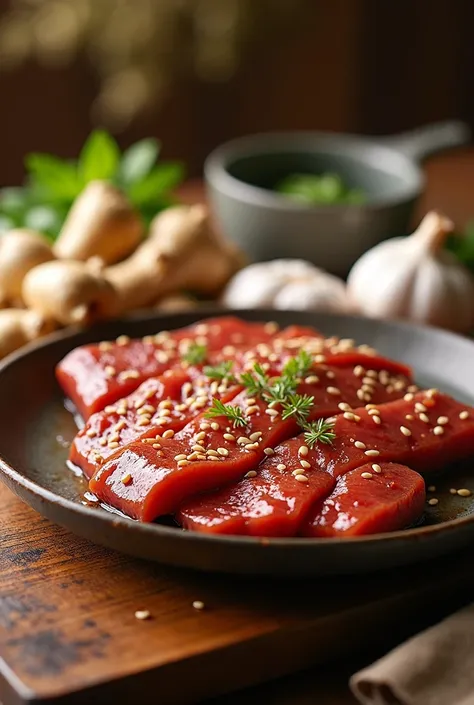 Generate an image of premium LA Galbi cuts being prepared with fresh, natural ingredients. Include close-ups of fresh garlic, ginger, and sesame seeds ready to be mixed into the marinade.