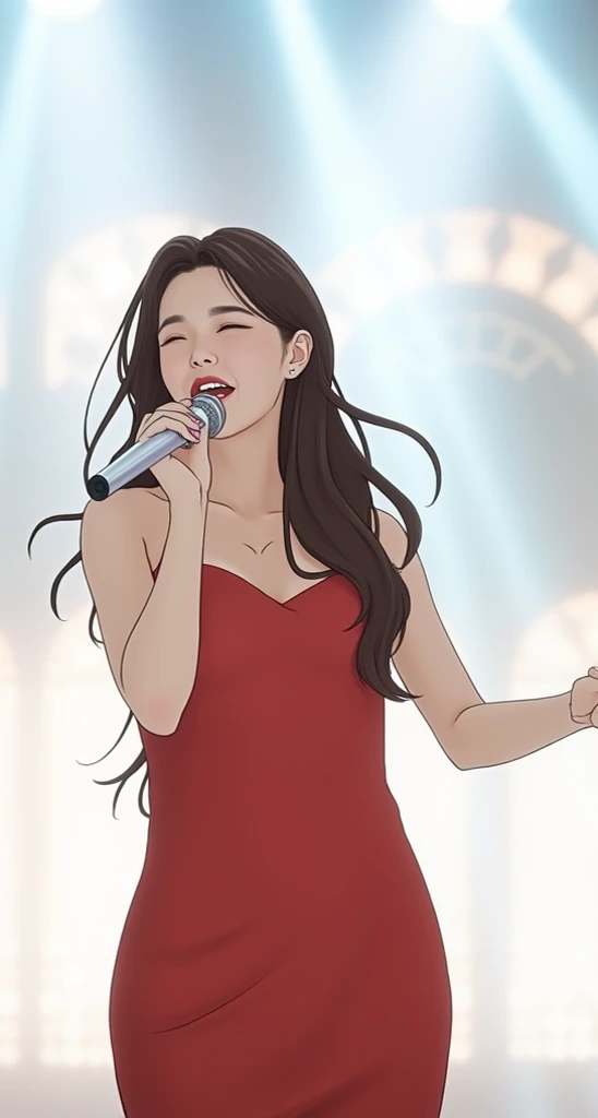 Singer woman.on stage.long dark brown hair.hold the silver mic.feminine dress.move.no bangs