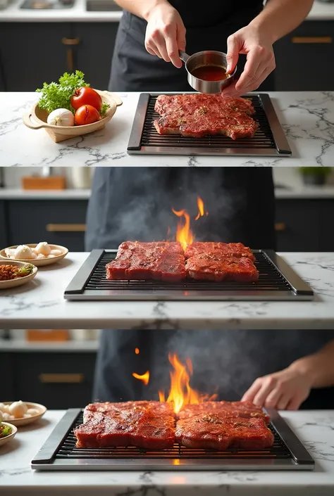 Create a step-by-step cooking scene of LA Galbi on a modern kitchen countertop. Show the process from marinating to grilling, with easy-to-follow instructions visible in the background.