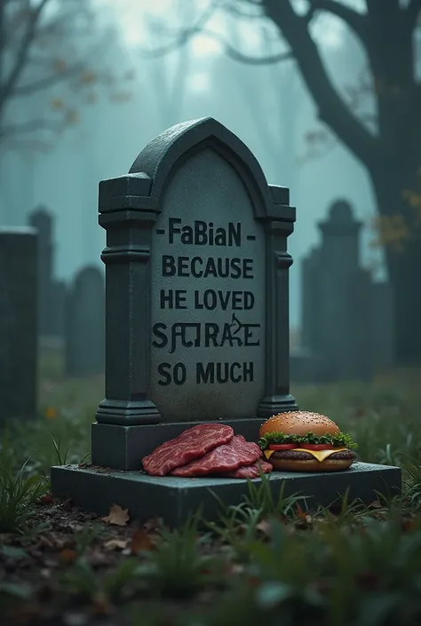 friedhof.  tombstone with the inscription  "Fabian - weil er saturate so liebte". Grave goods sibd Fleisch , burger, saturate 