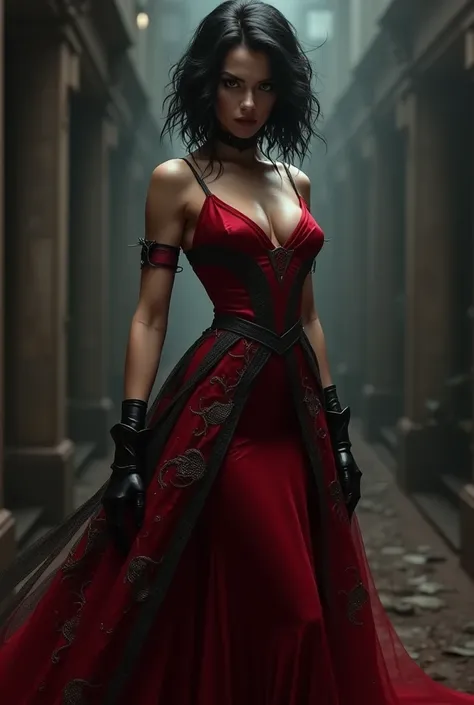 a dark-skinned female villain , thin athletic girl with a long elegant red and black dress, short black wavy hair to the shoulders, round but elongated face, 1.60 meters brown eyes