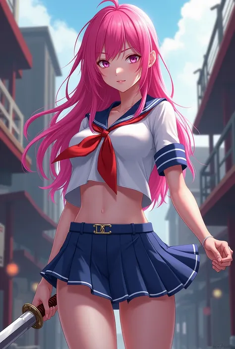 anime girl with pink hair and a sword in her hand, with sailor uniform and blue mini skirt, mika kurai, gapmoe yandere, made with anime painter studio, yandere, katana zero video game character, stylized anime, yandere girl, anime stylized, cushart krenz, ...