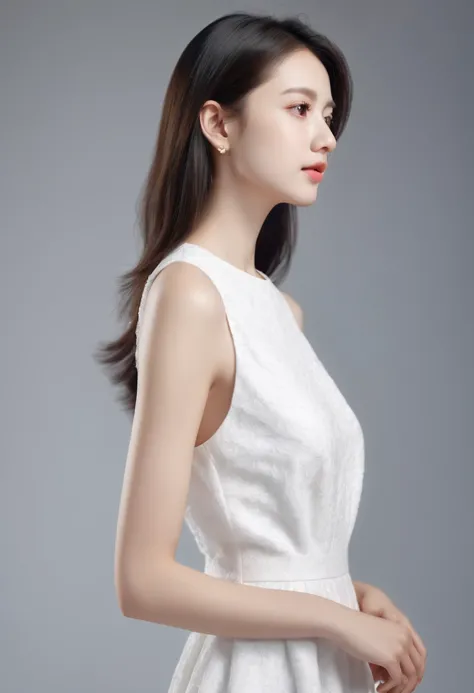 ((Best Quality, 8K )),  A young cute profile woman, photorealistic, side view, portrait, ultra realistic, high detailed, high detailed skin, high quality, white dress