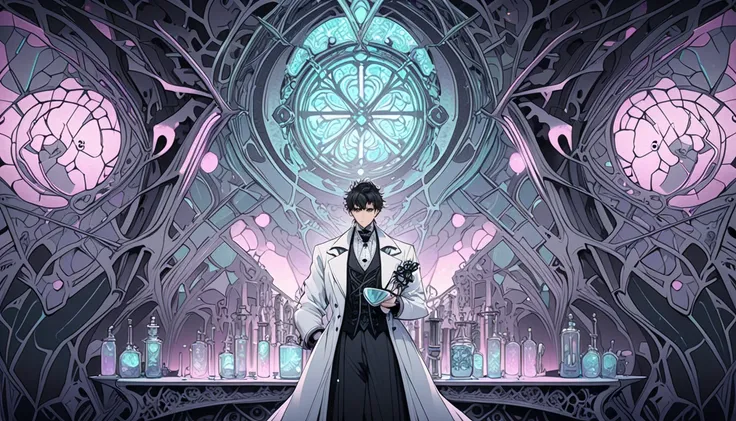 A gorgeous piece depicting a full-body man in a gothic-style doctors lab coat, holding a flask in his hands, created in an anime-style illustration to highlight the theme of "Bifidobacteria". The design incorporates gothic elements such as lace, ribbons an...