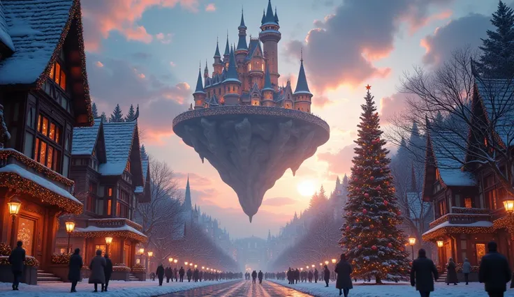 Fantasy Art，High quality 16K，Castle in the Sky，There is a Christmas vibe，Christmas tree，street，evening