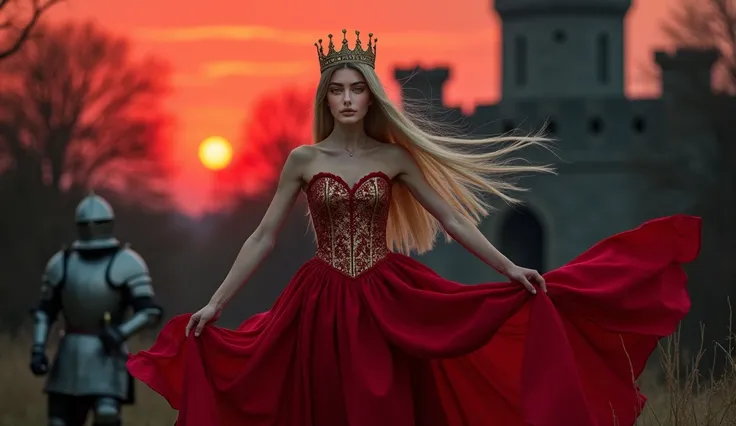 Young thin woman,  long straight blonde hair brushed back , blue eye, queen&#39;s crown , long red dress with voluminous gold queen  ,Doing dynamic queen pose  , with a medieval background for a cover of a single called Queen 2, With red sky ,  a black for...