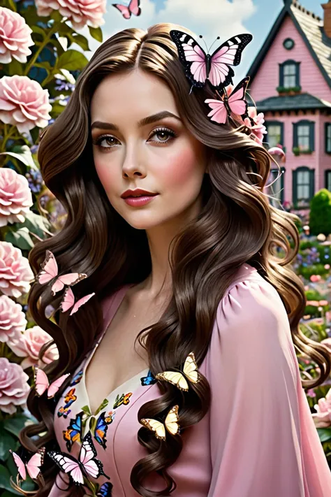 Beautiful wynorffic woman, ash brown hair, realism, tim burton style, long, wavy hair with a side part. The hair is styled with volume at the top and loose waves cascading down. It has a classic and elegant look, often associated with vintage or formal sty...