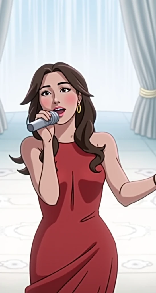 Singer woman move.long dark brown hair.feminine dress.no bangs.hold the silver mic.on stage.moving animation