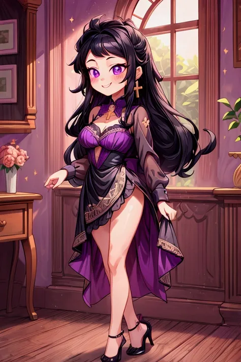 (Masterpiece, best quality) 1 girl, black hair, medium long hair, purple eyes, standing indoors with intricate details and sunlight. English maid dress short neckline, black heels, cross earrings. Sweet smile, sexy pose, coquette, beautiful legs, mature bo...