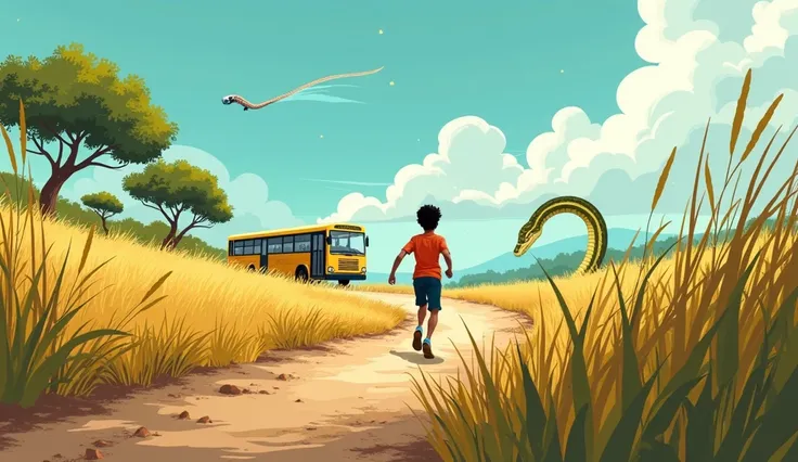 Create a dynamic illustration scene showing a windy landscape with tall grass and trees swaying in the breeze. In the distance, depict a large python coiled on the ground, giving a sense of urgency. Show a young boy named Anay running quickly towards a bus...