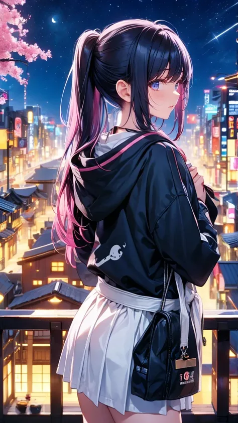  1 girl 、Beauty、((Stand to the left of the angle of view))、 long hair up to waist 、Pink and black hair、 night view、Japan、City、Beauty fanart  ,  black hoodie 、 long white skirt 、 anime style,  Realistic Anime 3D Style  ,、 back view、((turn around))、 put your...