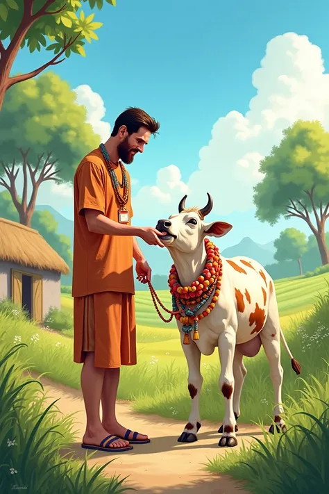  A whimsical illustration of Lionel Messi gently feeding milk to a cow in a lush rural setting, surrounded by greenery. Background: a small thatched hut and vibrant fields under a clear blue sky. Details: Messi wears casual traditional attire, smiling soft...