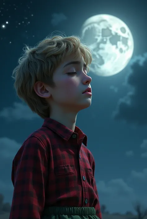 (photorealism:1.2), sad Afghan boy, 20-year-old beautiful with red plaid shirt and green baggy pants, looking at beautiful full moon with sadness, he has dark blonde hair and white skin, almond eyes، crying beautifully with eyes closed 