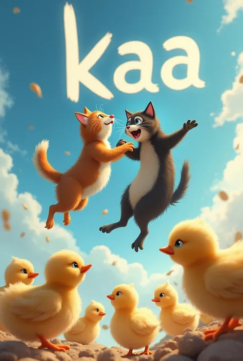  the cat and dog are fighting in the air 。 so the chicks saw it and are about to take off。The letters kaa in the sky。