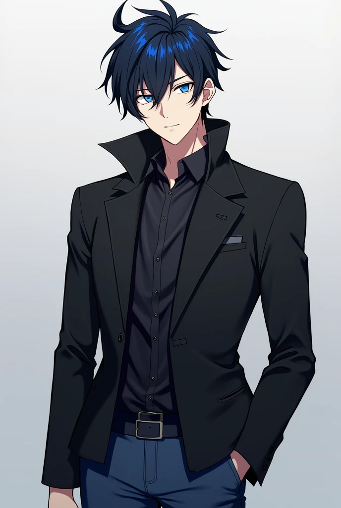 Prince-like anime boy wearing a black jacket and jeans , with blue eyes and black hair and with a blue tuft of 25-year-old adult 