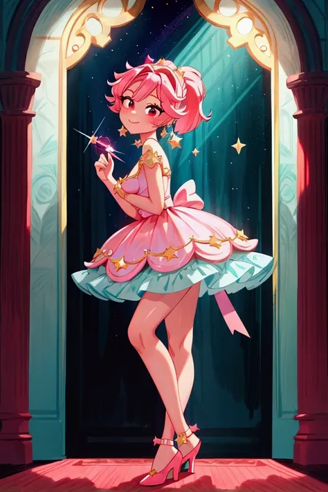 masterpiece, best quality) standing, indoor, intricate detail, sunlight, white and aqua blue frill dress, red high heel shoes, pink hair with a high ponytail, red eyes, cute stars diadema, smiley and sexy expression, sexy pose, coquette, gorgeous legs, mat...