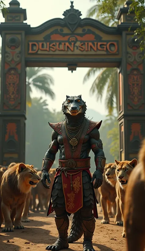 Cinematic portrait of the view from above, View from Above of the figure of a dashing crocodile warrior in Mortal Kombat clothing entering the village standing under the village entrance with a large sign that says "DUSUN SINGO", his presence is unexpected...