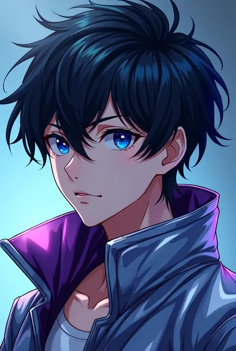 A stylish anime portrait of a young man with dark, voluminous hair, intense blue eyes, and a sophisticated, futuristic silver-toned jacket with hints of deep purple. The image utilizes a vibrant color palette emphasizing deep blues, silvers, and purples, c...