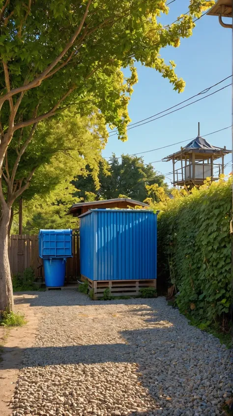 An outdoor scene captured in a warm, golden-hour light, with a rustic and tranquil atmosphere. On the right side of the frame, a small orange wooden structure with a lattice design stands prominently, its slanted roof glowing softly in the sunlight. Below ...