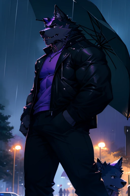 A muscular black purple wolf wearing a jacket and a long pants and standing at the park in the middle of night while holding an umbrella as it is raining