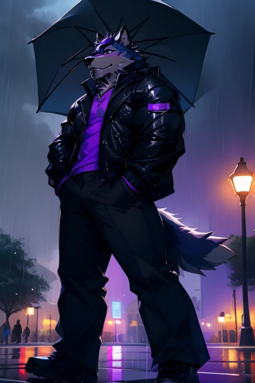 A muscular black purple wolf wearing a jacket and a long pants and standing at the park in the middle of night while holding an umbrella as it is raining