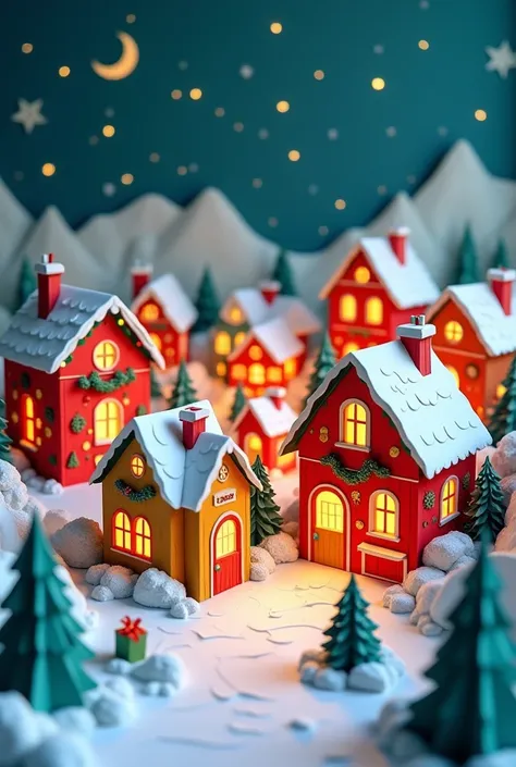 Colorful paper diorama of a christmas village with bright lights and snowy vibes