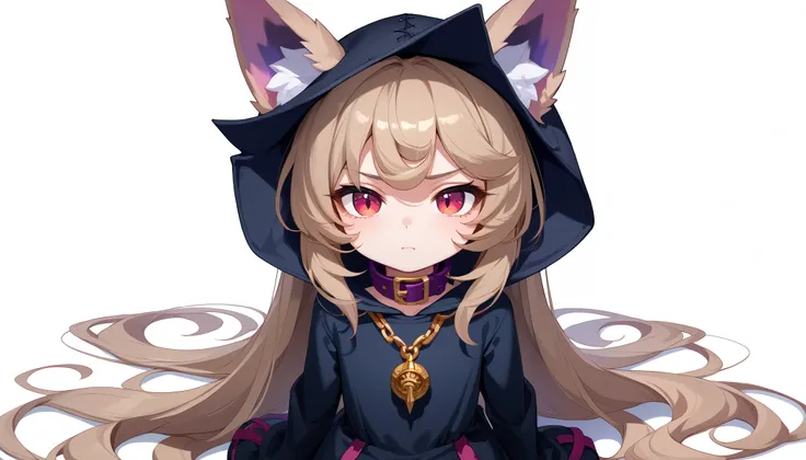 (masterpiece:1.3), (best quality:1.3), (very detailed), (anime style:0.1), game cg, anime coloring,((simple white background)),VexLoLXL,big eyes,yordle,shortstack,red eyes,((light brown hair,bangs,long hair)),shiny_skin,white_skin,white skin,black hood,hoo...